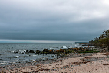 Sea sandy beach in cloudy weather. Seascape