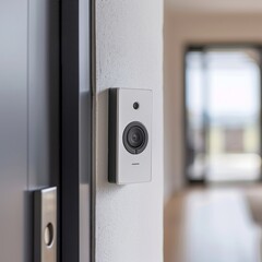 Modern video doorbell installed on a sleek wall, enhancing home security and convenience at an entryway in a stylish indoor space during daytime