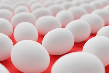 Many white eggs on red background. Closeup view, macro shot, selective focuscloseup shot. 3d render, illustration