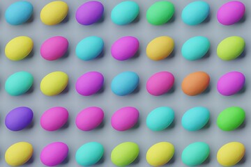 Many colorful eggs on slate gray background. Top flat view, vertical. 3d render, illustration