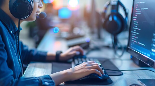 A person intensely engaged in computer programming, sitting in a technical setup with code displayed on screen, capturing the essence of concentration and coding.