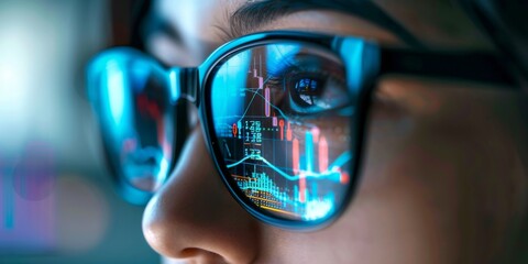 Reflection of stock market data in glasses worn by a person analyzing financial trends in a modern workspace during daylight hours
