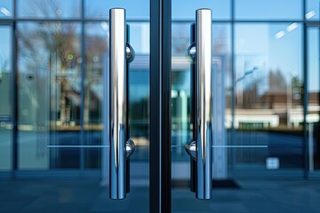 Stainless steel door handles on a reflective glass door with blurred background