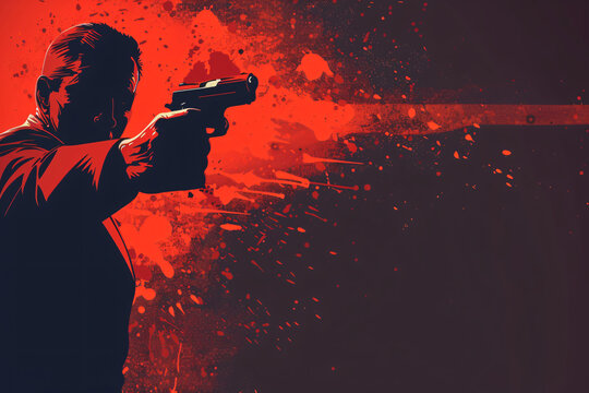 A red and black silhouette of a gunman aiming a pistol with a dramatic background and splattered effects