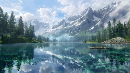 Fototapeta premium Tranquil lake with crystal-clear water reflecting surrounding trees and mountains, providing a calming and peaceful scene. 