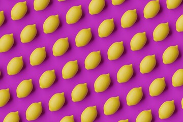 Many lemons on dark magenta background. Top flat view, diagonal grid. 3d render, illustration