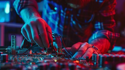 A technician is seen meticulously handling and adjusting connections on a motherboard, underscoring the precision and detail involved in such technical work.