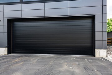 Sleek black garage door enhances modern home facade in a residential area during daylight hours