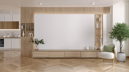 TV cabinet with wood shelf and white armchair in Minimal scandinavian design  room. 3d render