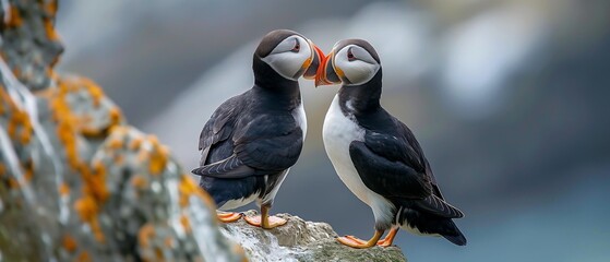 AI generator image of Atlantic Puffin,Puffin, Fratercula arctica, holds the fish in its mouth. to feed baby birds Along the rocks and the pink flower garden by the sea