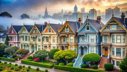 Vibrant colorful Victorian-style homes with ornate woodwork, turrets, and steeply pitched roofs line a quiet San Francisco street surrounded by lush greenery and foggy atmosphere.