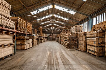 Fototapeta premium Rows of neatly stacked wooden planks and pallets in a warehouse