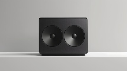 Modern black speaker on a simple background highlighting its sleek design and unique dual cone...