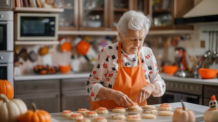 Festive Halloween Baking with Elderly Woman in Spooky Kitchen Decorated for Holiday Celebration