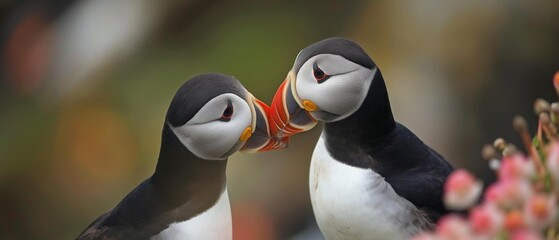 AI generator image of Atlantic Puffin,Puffin, Fratercula arctica, holds the fish in its mouth. to feed baby birds Along the rocks and the pink flower garden by the sea