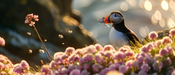 AI generator image of Atlantic Puffin,Puffin, Fratercula arctica, holds the fish in its mouth. to feed baby birds Along the rocks and the pink flower garden by the sea