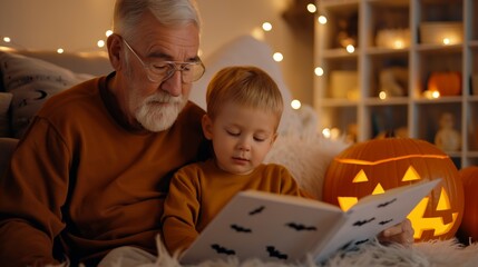 Warm Halloween Tradition - Elderly Grandfather Reading Spooky Tales to Grandchildren Surrounded by Pumpkins and Ambient Lights