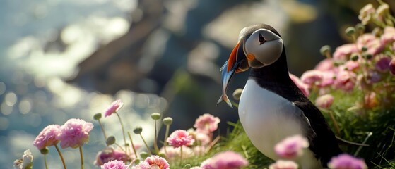 AI generator image of Atlantic Puffin,Puffin, Fratercula arctica, holds the fish in its mouth. to feed baby birds Along the rocks and the pink flower garden by the sea