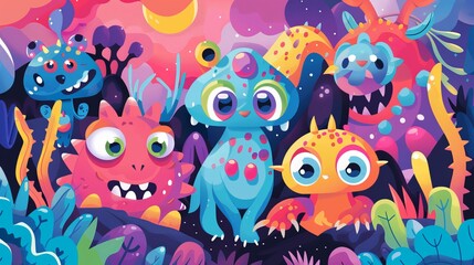 Obraz premium A vibrant and artistic representation of various fantasy monsters, showcasing their different shapes and colors against a vivid background of imaginative landscapes.