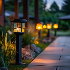 Elegant outdoor lighting enhances garden walkway during twilight hours with modern design and warm glow