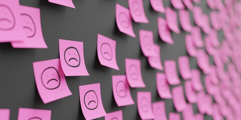 Many pink stickers on black board background with sad face symbol drawn on them. Closeup view with narrow depth of field and selective focus. 3d render, Illustration