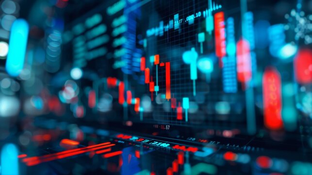 Financial market analysis displaying digital stock trends and indices with vibrant colors and fluctuating graphs during trading hours