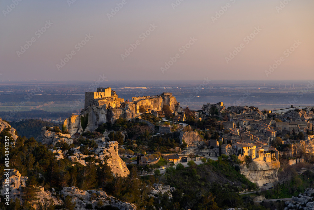 Poster medieval castle and village, les baux-de-provence, alpilles mountains, provence, france