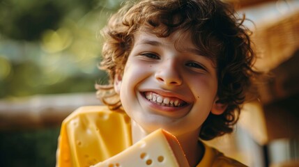 Happy child enjoying cheese outdoors in a sunny setting while showcasing a big smile and natural surroundings