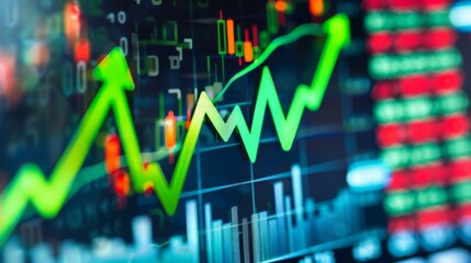 Bright green upward trend on a stock market chart reflects investor confidence and market dynamics in a digital trading environment