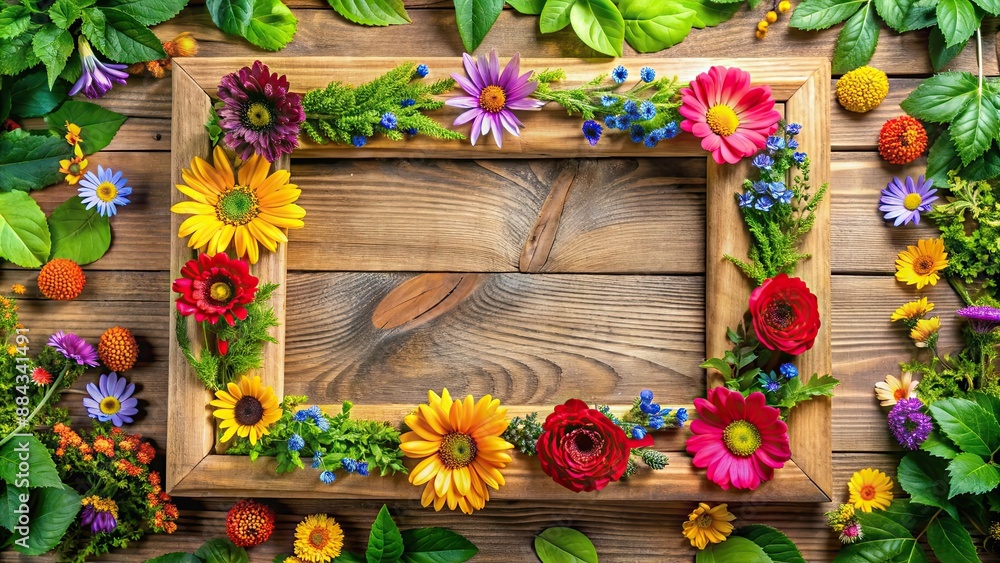 Poster Wooden frame adorned with colorful flowers and lush leaves, wooden frame, flowers, leaves, decoration, natural