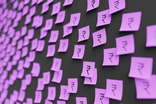 Many violet stickers on black board background with symbol of India rupia drawn on them. Closeup view with narrow depth of field and selective focus. 3d render, illustration
