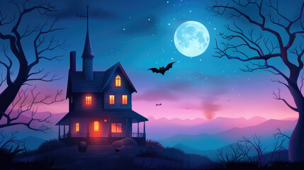 Spooky witch flying over haunted mansion, flat design concept