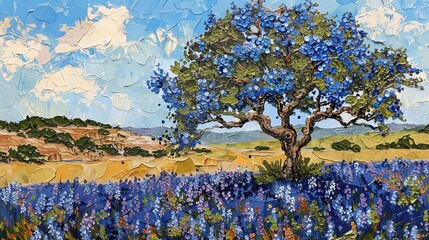Oil painting depicting a vibrant bluebonnet field with a flowering tree at its center, under a bright blue sky with fluffy white clouds, representing Texas springtime.