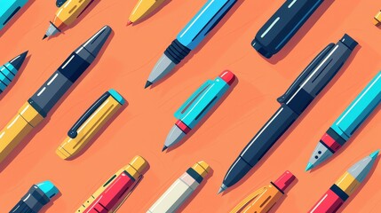 Pen flat design, top view, writing theme, cartoon drawing, vivid