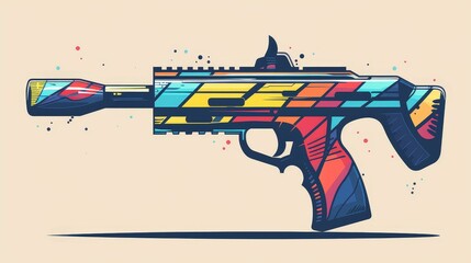 Paintball Gun flat design, side view, recreational theme, cartoon drawing, vivid