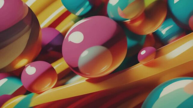 Balls, dynamic graphic morphing looping 4k. Colored spheres on abstract background