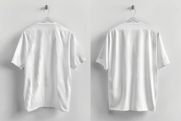  white oversize tshirt mockup, front and back view, hanging on hanger, white background