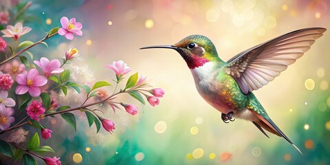 Fototapeta premium Close-up painting of a hummingbird with flowers on a light background , hummingbird, close-up, flowers, abstract, decorative