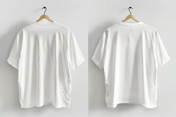  white oversize tshirt mockup, front and back view, hanging on hanger, white background 