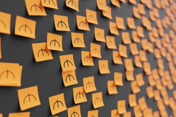 Many orange stickers on black board background with symbol of Azerbaijan manat drawn on them. Closeup view with narrow depth of field and selective focus. 3d render, illustration