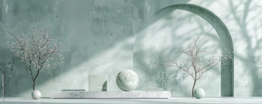 Poster minimalist display scene with geometric shapes and delicate trees in a serene setting