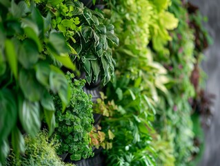 Fototapeta premium A close-up of a vertical garden on a wall inside a room with beautiful and decorative plants and edible herbs, such as spices. 