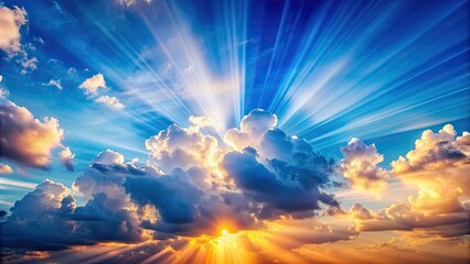 Vibrant clouds in blue sky with sun rays shining through them, beautiful, amazing, colorful, clouds, sky, sun rays