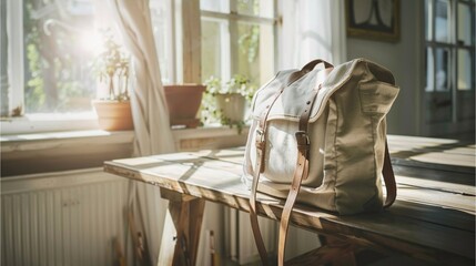 School bag neatly placed on a wooden table,