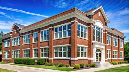 Obraz premium Typical school building exterior with red brick facade and white trim, school, building, exterior, American