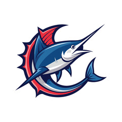 Angry Marlin fish logo. Swordfish fishing emblem for sport club.