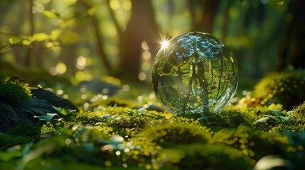 A clear globe reflects the vibrant green forest under soft sunlight, capturing nature's beauty and tranquility in a serene woodland setting