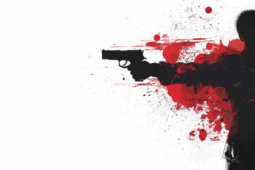 A dark silhouette of a gunman with red splatter effects on a white background, creating a dramatic scene