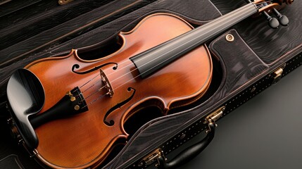 Fototapeta premium A bespoke, handcrafted violin resting in its luxurious case, showcasing its fine wood and craftsmanship.