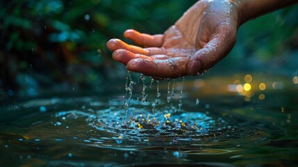 Fototapeta premium Serenity in Motion - Hand touching calm water surface creating ripples in sunlight.